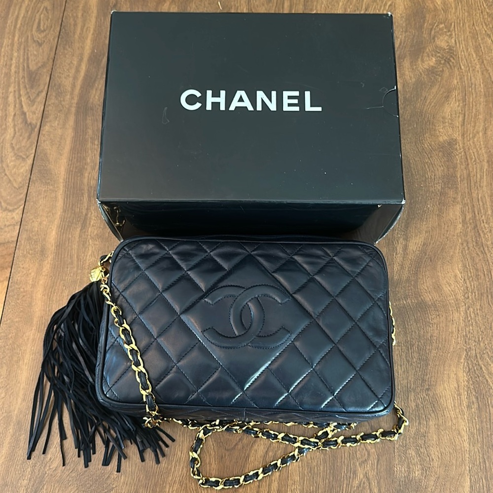Chanel Lambskin Quilted CC Tassel Camera Case Black